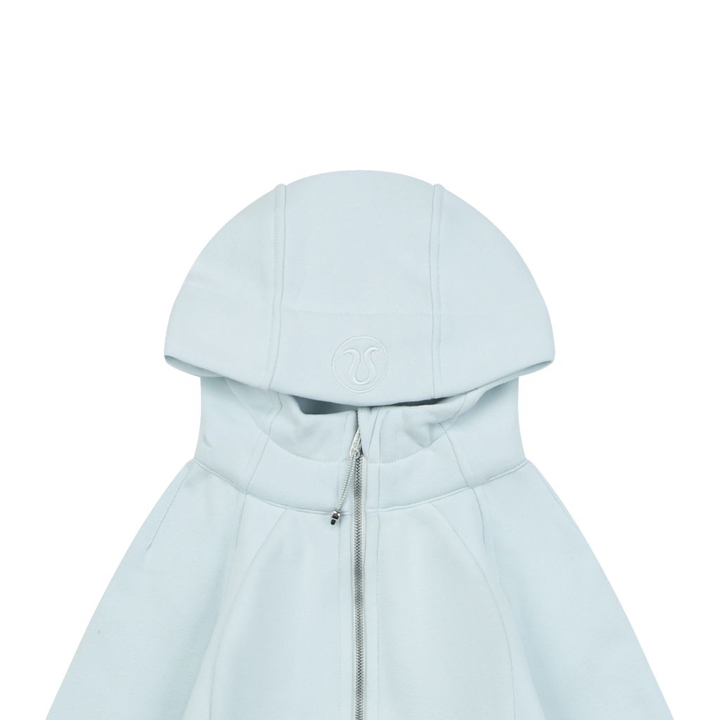 Scuba fitted yoga hooded jacket Transparent Blue brushed cotton blend full zip activewear contoured waist ribbed side panels thumbholes sizes 4-10