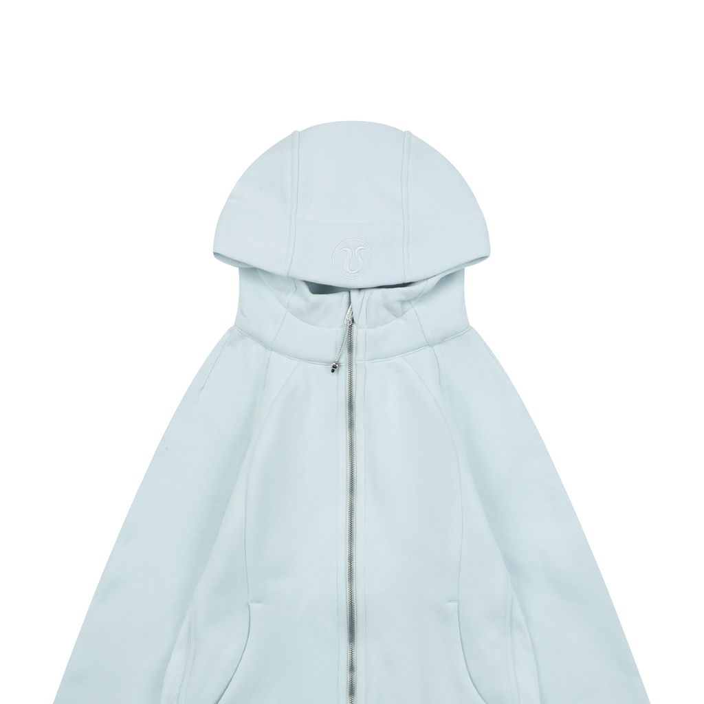 Scuba fitted yoga hooded jacket Transparent Blue brushed cotton blend full zip activewear contoured waist ribbed side panels thumbholes sizes 4-10
