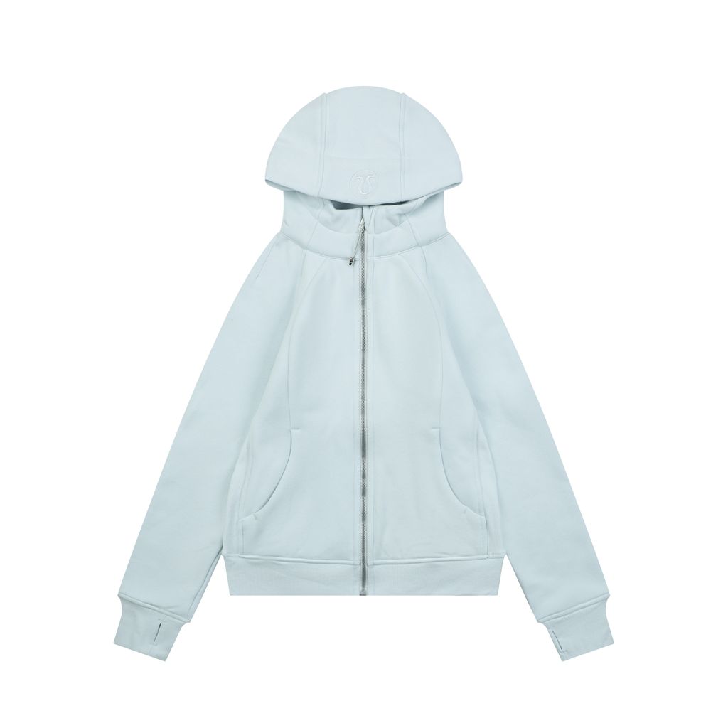 Scuba fitted yoga hooded jacket Transparent Blue brushed cotton blend full zip activewear contoured waist ribbed side panels thumbholes sizes 4-10