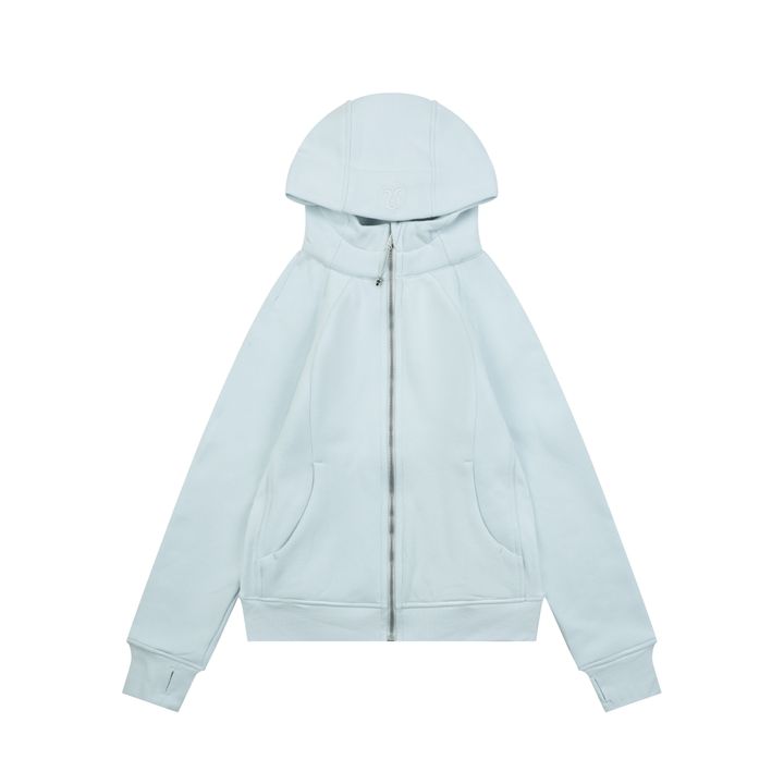Scuba fitted yoga hooded jacket Transparent Blue brushed cotton blend full zip activewear contoured waist ribbed side panels thumbholes sizes 4-10
