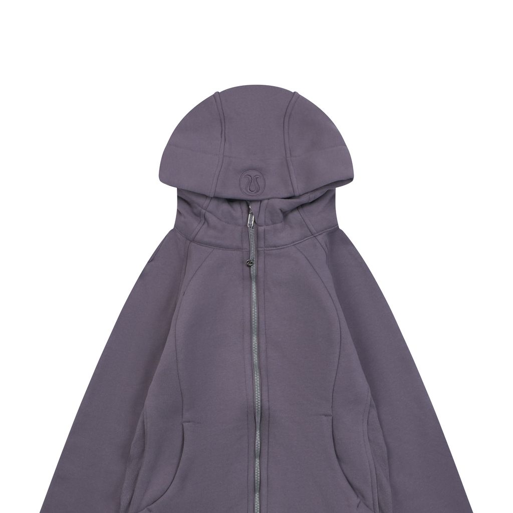 Scuba fitted yoga hooded jacket Purple Grey brushed cotton blend full zip activewear contoured waist ribbed side panels thumbholes sizes 4-10
