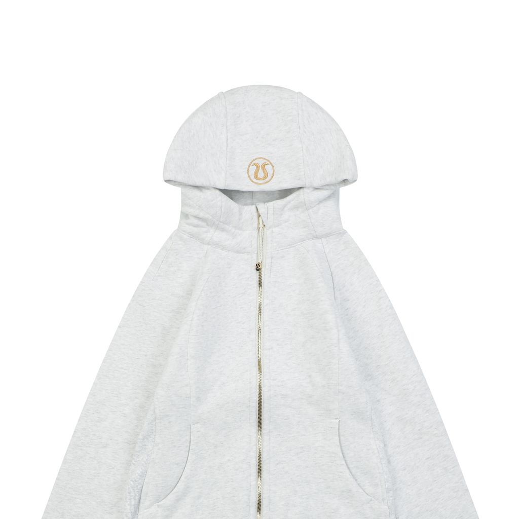 Scuba fitted yoga hooded jacket light grey gold label brushed cotton blend full zip activewear contoured waist ribbed side panels thumbholes sizes 4-10