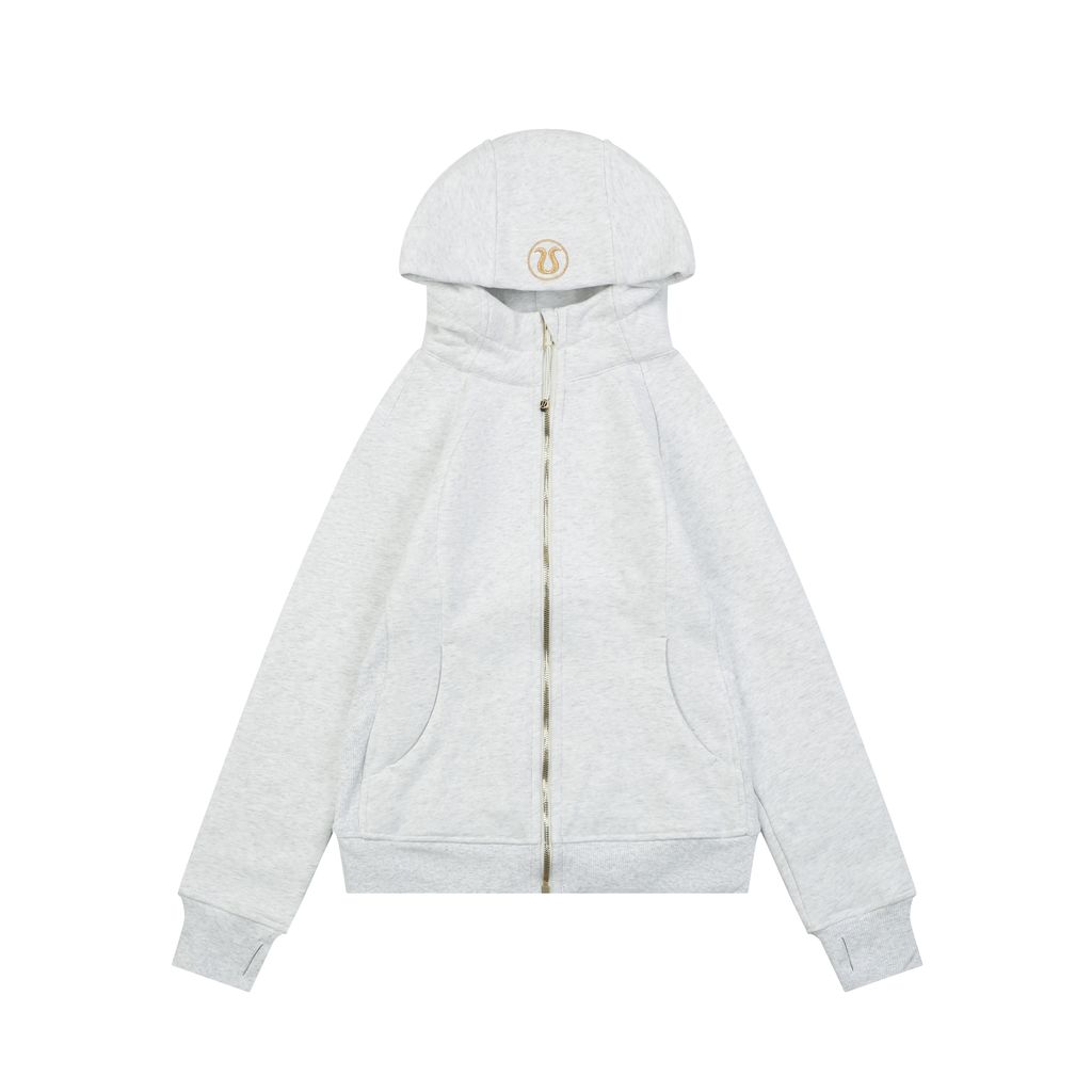 Scuba fitted yoga hooded jacket light grey gold label brushed cotton blend full zip activewear contoured waist ribbed side panels thumbholes sizes 4-10