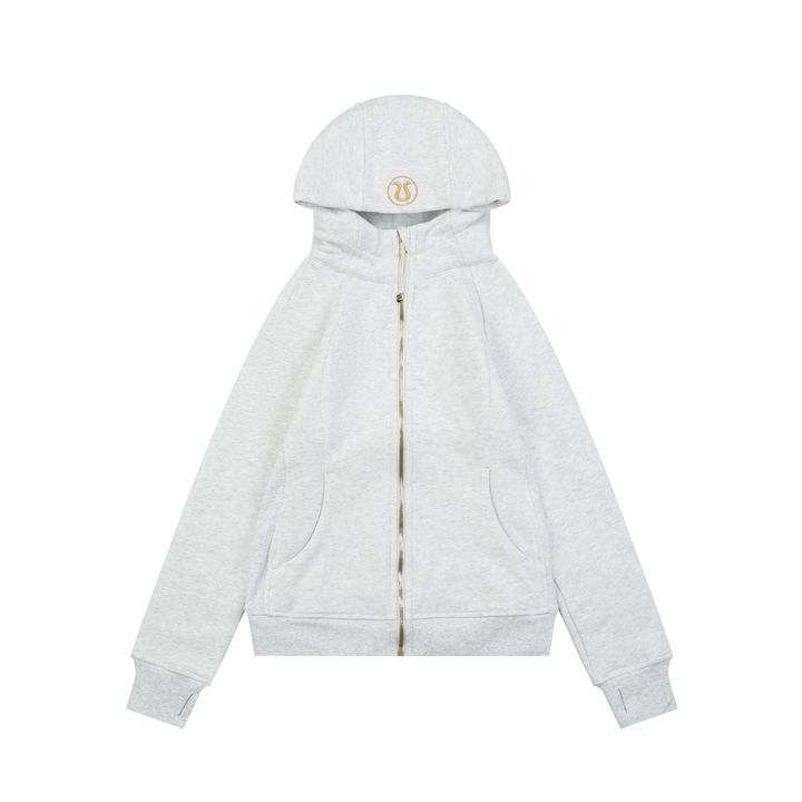 Scuba fitted yoga hooded jacket light grey gold label brushed cotton blend full zip activewear contoured waist ribbed side panels thumbholes sizes 4-10