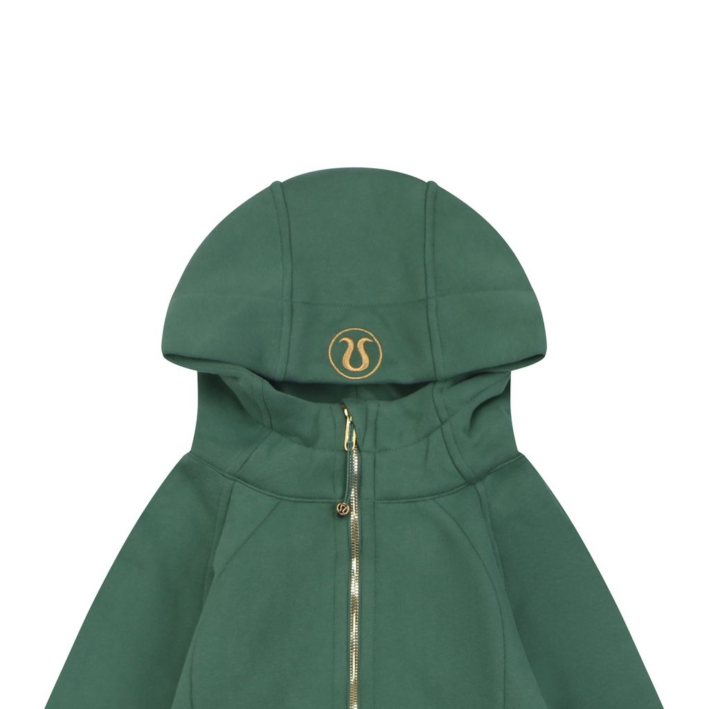 Scuba fitted yoga hooded jacket Forest Green brushed cotton blend full zip activewear contoured waist ribbed side panels thumbholes sizes 4-10