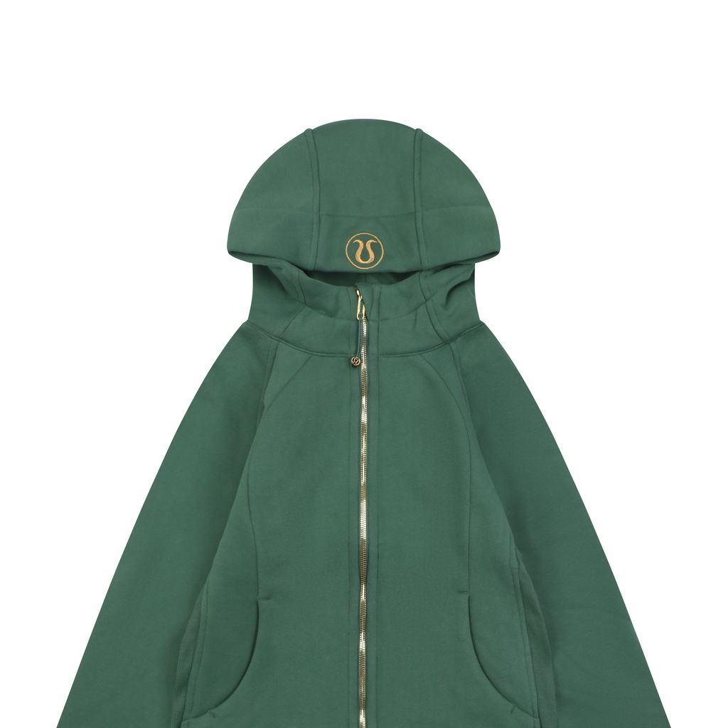 Scuba fitted yoga hooded jacket Forest Green brushed cotton blend full zip activewear contoured waist ribbed side panels thumbholes sizes 4-10