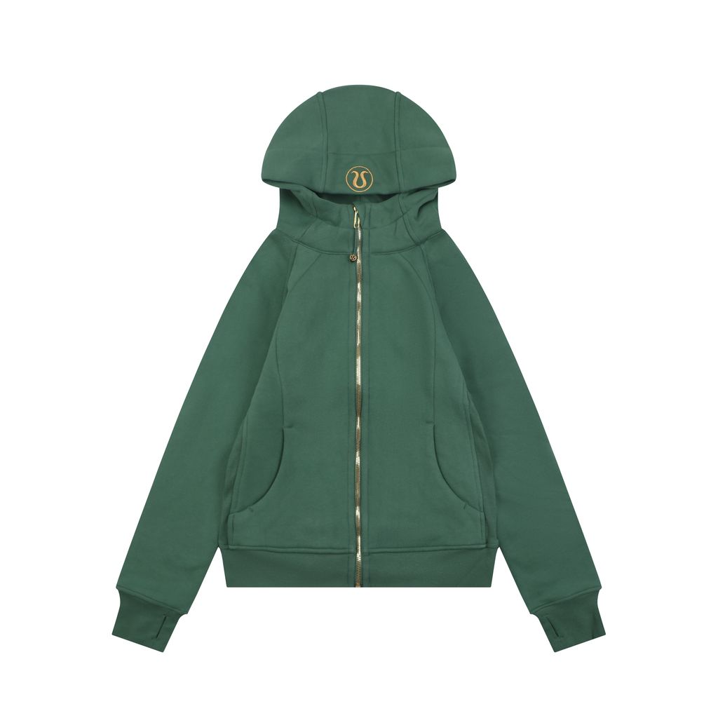 Scuba fitted yoga hooded jacket Forest Green brushed cotton blend full zip activewear contoured waist ribbed side panels thumbholes sizes 4-10