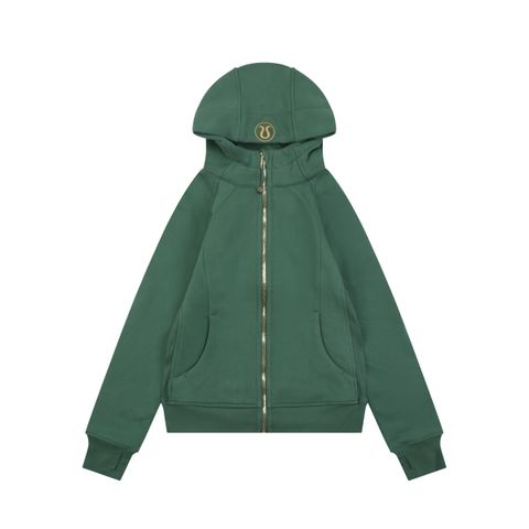Scuba fitted yoga hooded jacket Forest Green brushed cotton blend full zip activewear contoured waist ribbed side panels thumbholes sizes 4-10