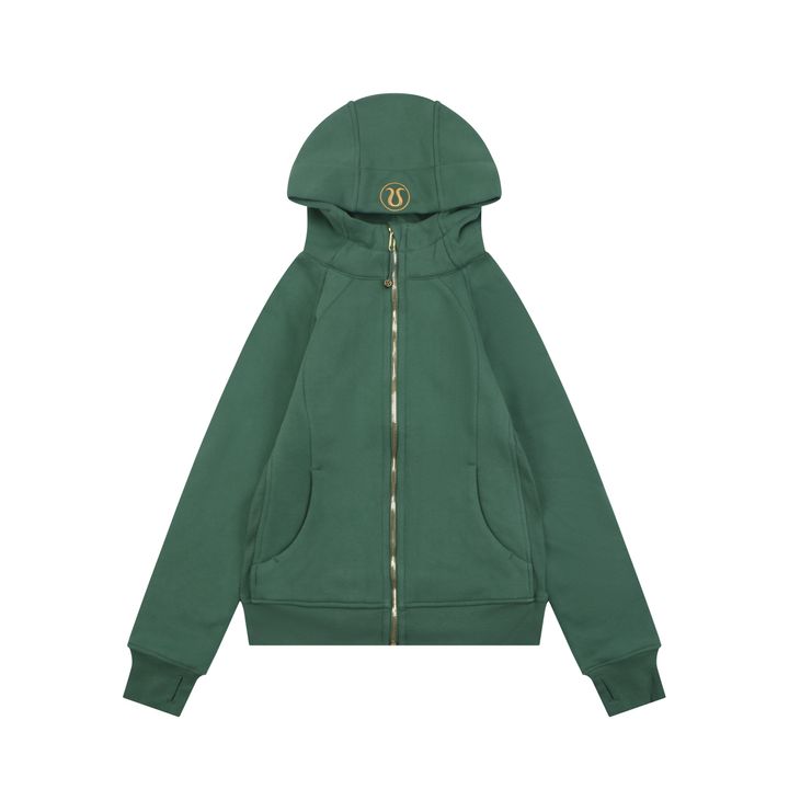 Scuba fitted yoga hooded jacket Forest Green brushed cotton blend full zip activewear contoured waist ribbed side panels thumbholes sizes 4-10