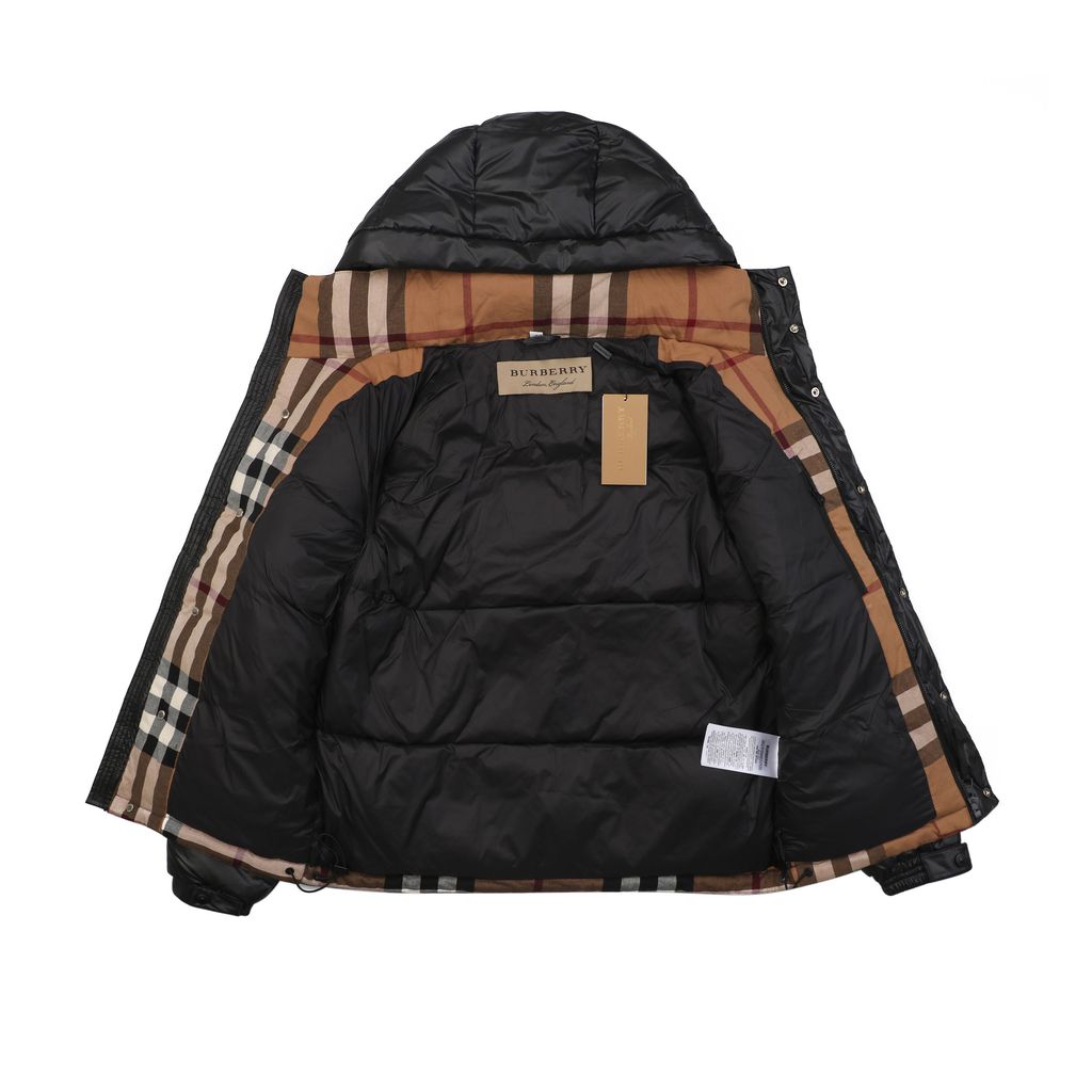 Burberry Equestrian Knight sleeve square patch hooded down jacket nylon twill lightweight puffer two way zipper zip pockets elastic cuffs sizes S-XXL