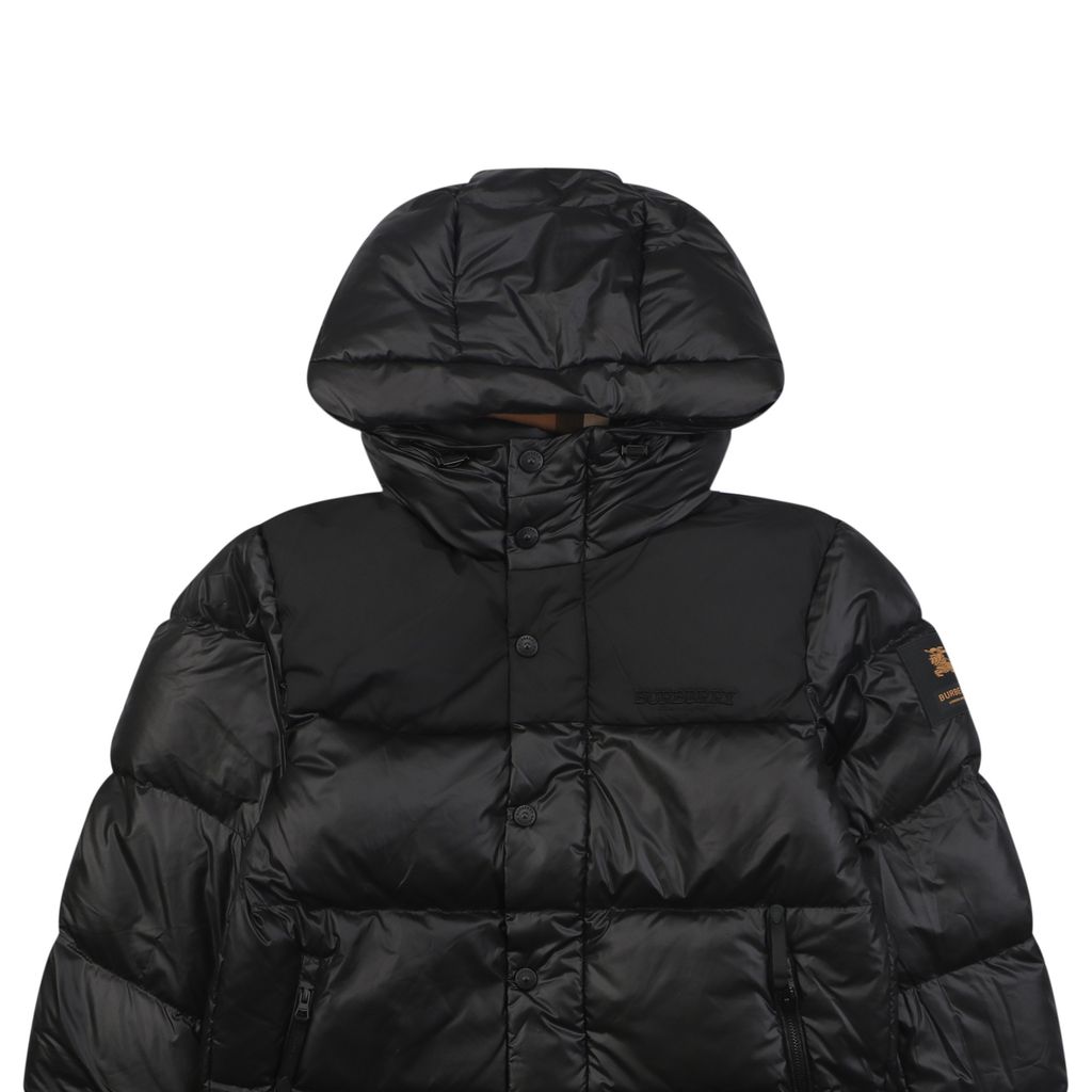 Burberry Equestrian Knight sleeve square patch hooded down jacket nylon twill lightweight puffer two way zipper zip pockets elastic cuffs sizes S-XXL