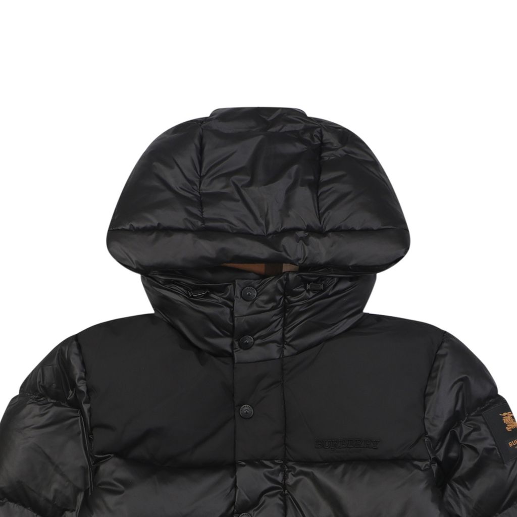 Burberry Equestrian Knight sleeve square patch hooded down jacket nylon twill lightweight puffer two way zipper zip pockets elastic cuffs sizes S-XXL