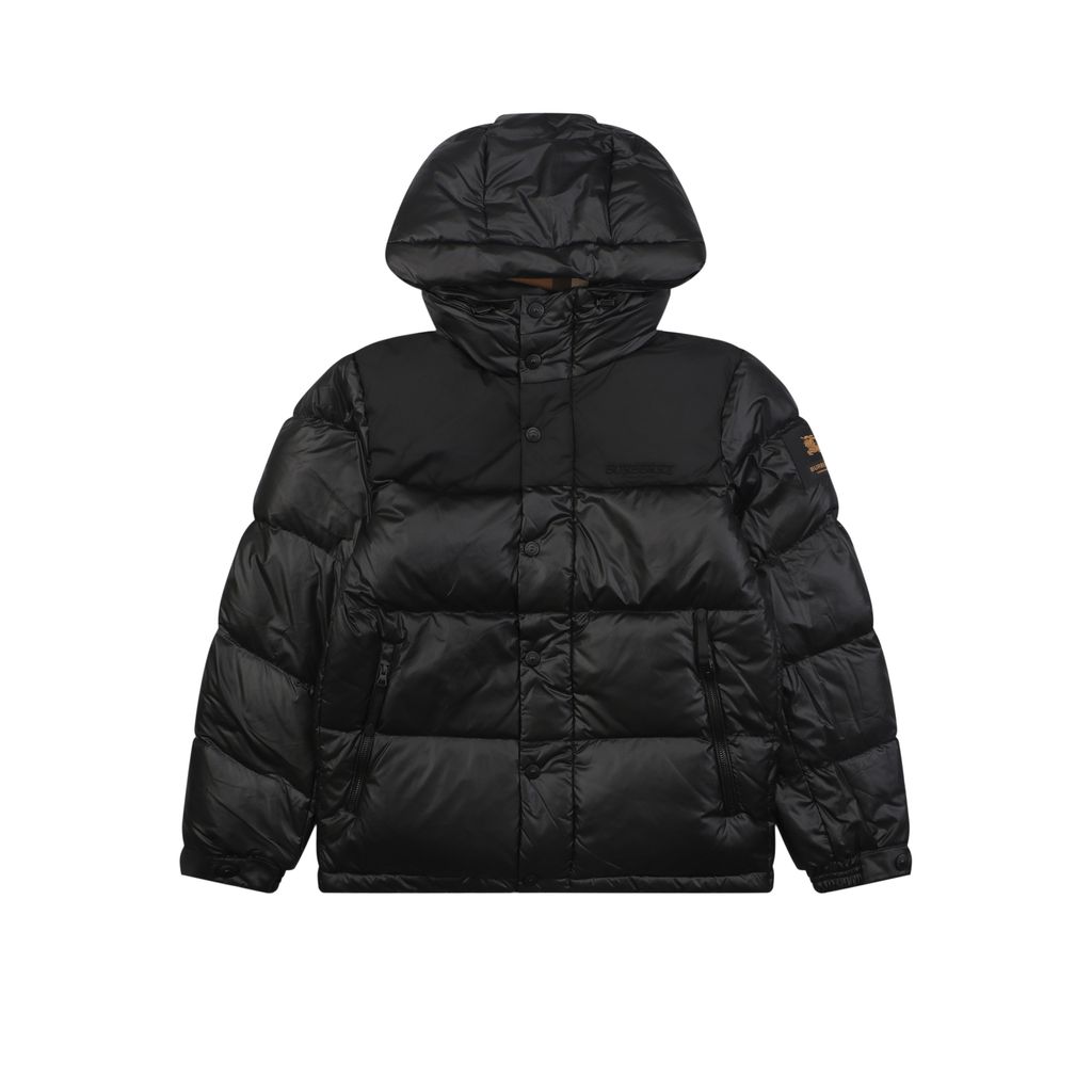 Burberry Equestrian Knight sleeve square patch hooded down jacket nylon twill lightweight puffer two way zipper zip pockets elastic cuffs sizes S-XXL