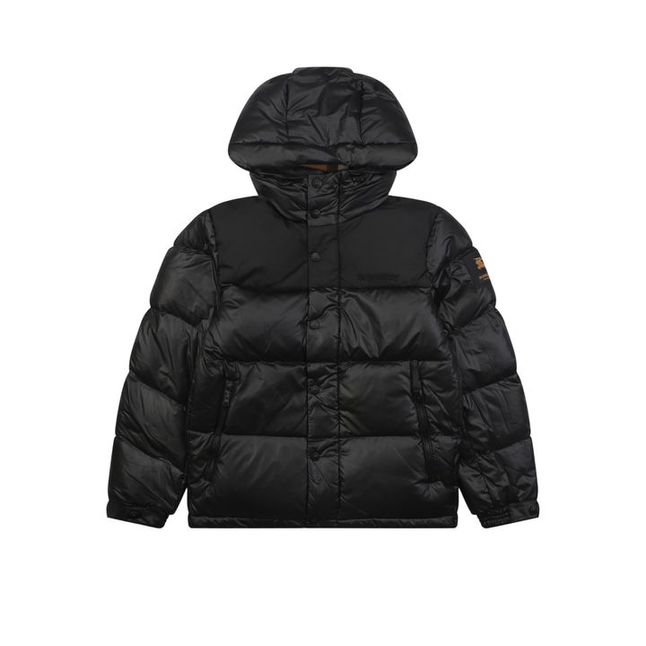 Burberry Equestrian Knight sleeve square patch hooded down jacket nylon twill lightweight puffer two way zipper zip pockets elastic cuffs sizes S-XXL