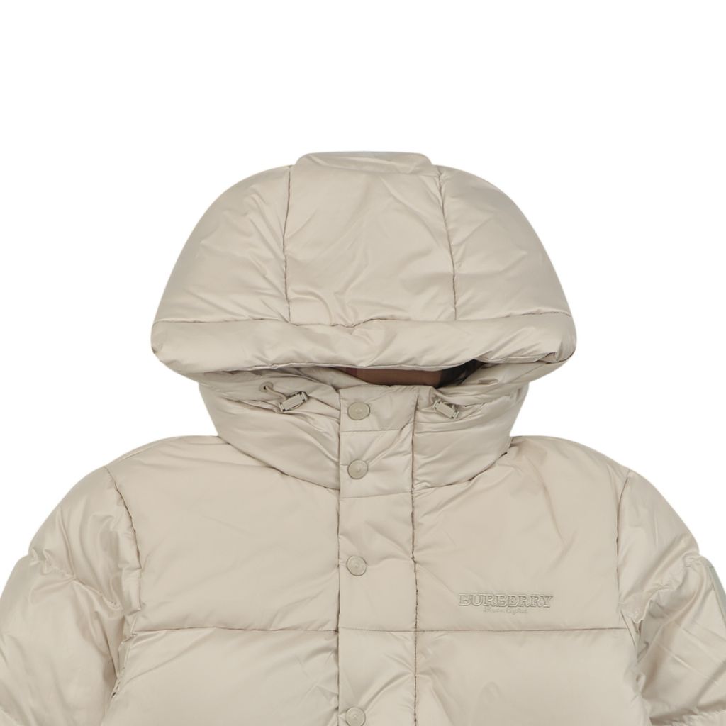 Burberry Equestrian Knight sleeve square patch hooded down jacket beige nylon twill lightweight puffer two way zipper zip pockets elastic cuffs sizes S-XXL