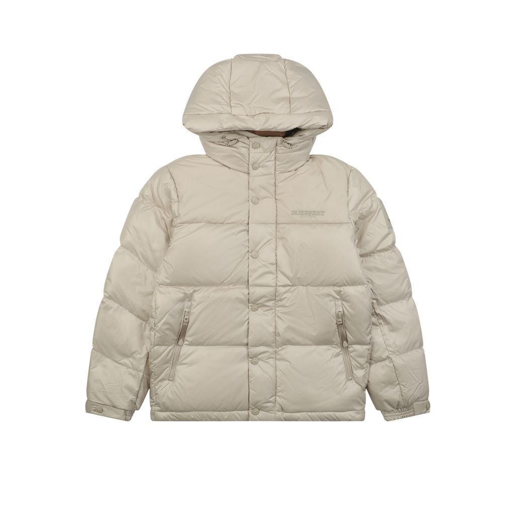 Burberry Equestrian Knight sleeve square patch hooded down jacket beige nylon twill lightweight puffer two way zipper zip pockets elastic cuffs sizes S-XXL