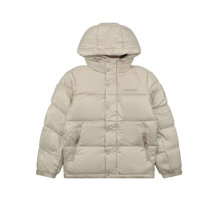 Burberry Equestrian Knight sleeve square patch hooded down jacket beige nylon twill lightweight puffer two way zipper zip pockets elastic cuffs sizes S-XXL