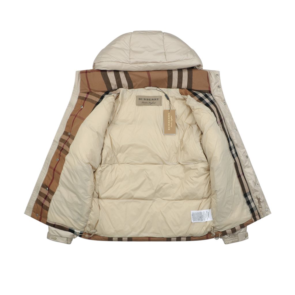 Burberry Equestrian Knight sleeve square patch hooded down jacket beige nylon twill lightweight puffer two way zipper zip pockets elastic cuffs sizes S-XXL