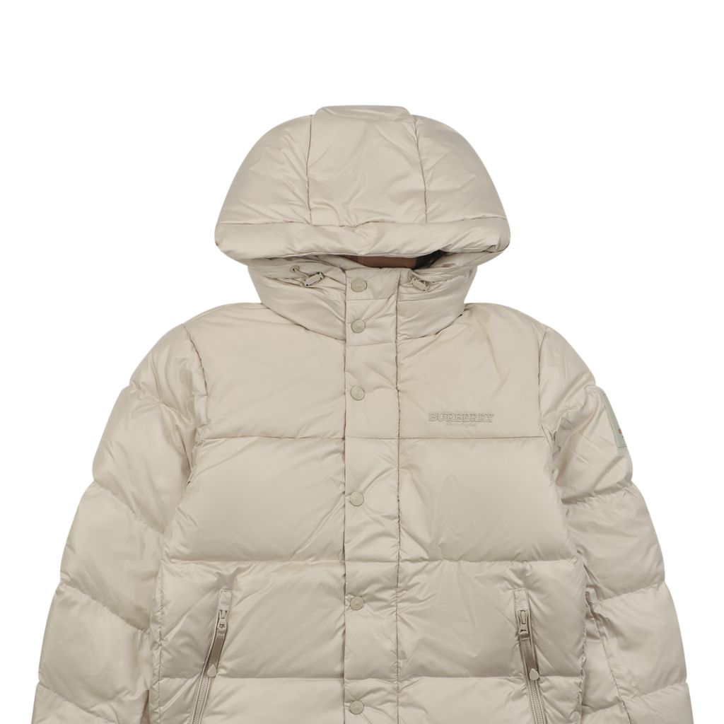 Burberry Equestrian Knight sleeve square patch hooded down jacket beige nylon twill lightweight puffer two way zipper zip pockets elastic cuffs sizes S-XXL