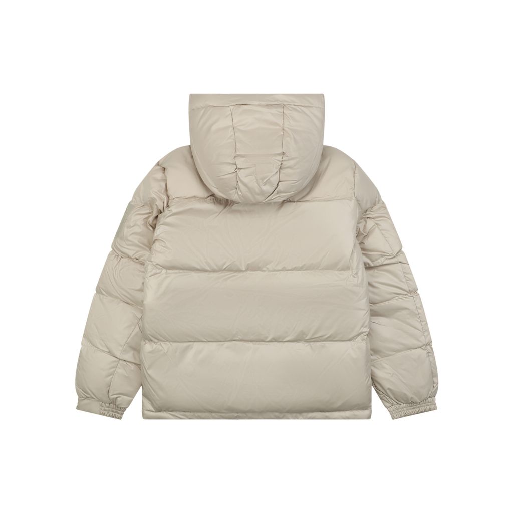 Burberry Equestrian Knight sleeve square patch hooded down jacket beige nylon twill lightweight puffer two way zipper zip pockets elastic cuffs sizes S-XXL