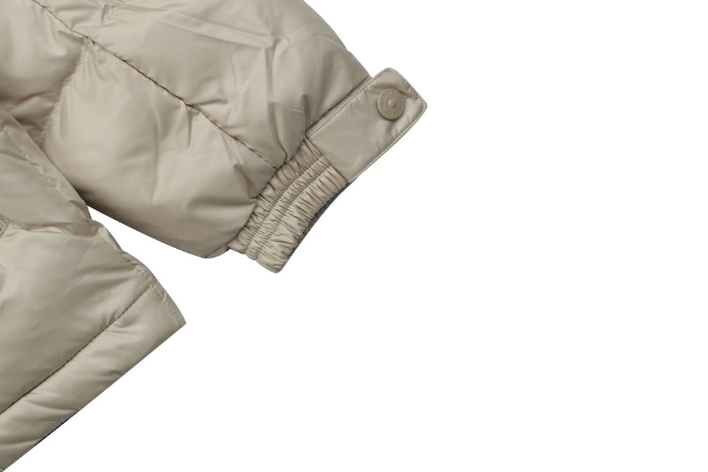 Burberry Equestrian Knight sleeve square patch hooded down jacket beige nylon twill lightweight puffer two way zipper zip pockets elastic cuffs sizes S-XXL