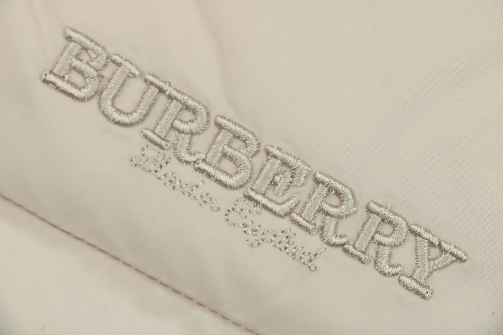 Burberry Equestrian Knight sleeve square patch hooded down jacket beige nylon twill lightweight puffer two way zipper zip pockets elastic cuffs sizes S-XXL