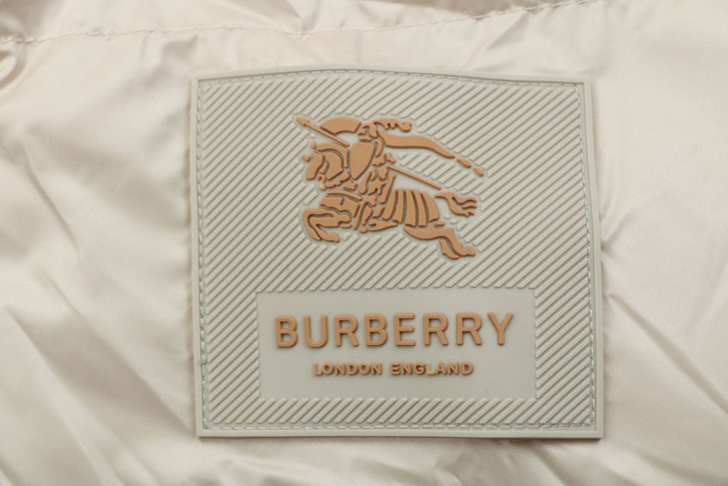Burberry Equestrian Knight sleeve square patch hooded down jacket beige nylon twill lightweight puffer two way zipper zip pockets elastic cuffs sizes S-XXL