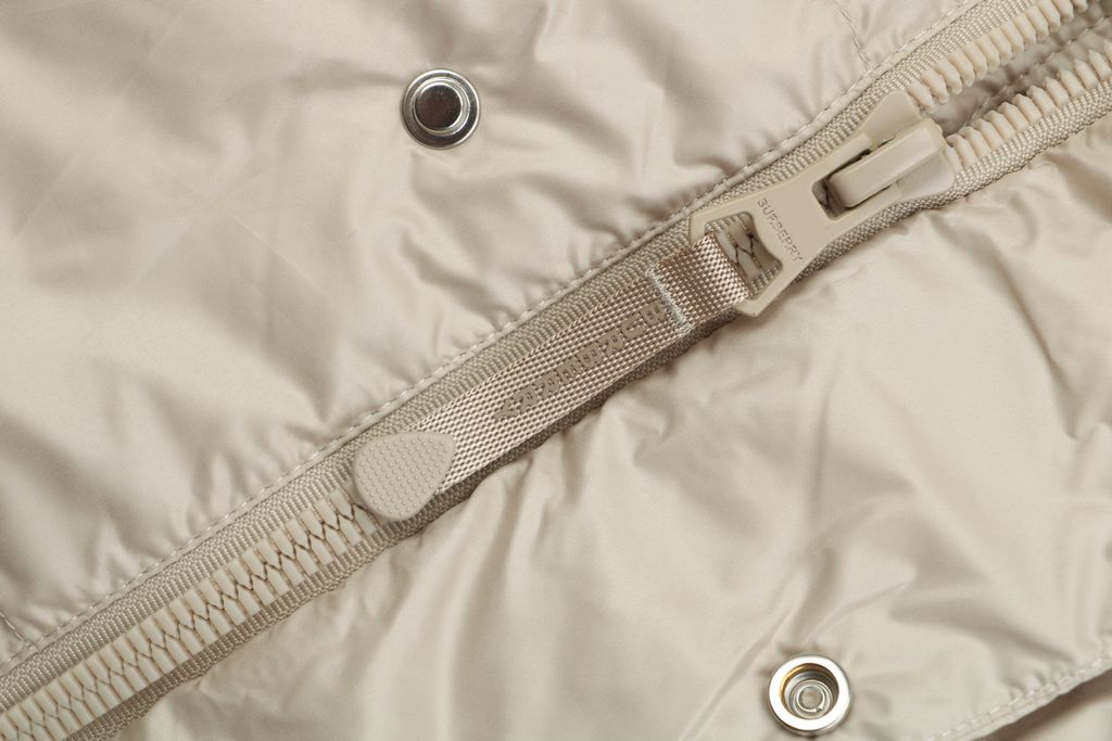 Burberry Equestrian Knight sleeve square patch hooded down jacket beige nylon twill lightweight puffer two way zipper zip pockets elastic cuffs sizes S-XXL