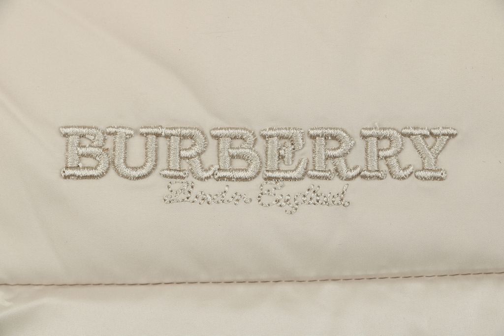 Burberry Equestrian Knight sleeve square patch hooded down jacket beige nylon twill lightweight puffer two way zipper zip pockets elastic cuffs sizes S-XXL