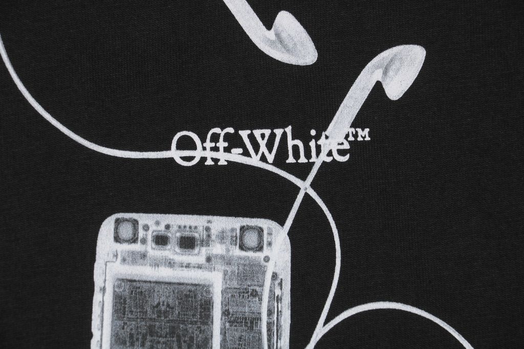 Off White digital headphone arrow print T-shirt 240g 100 cotton jersey oversized streetwear tee Mimaki graphic woven neck label sizes XS-L