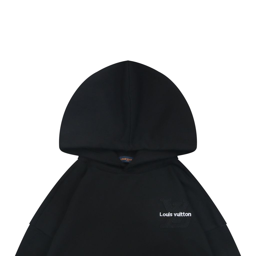 Louis Vuitton small logo Monogram letter embroidered hoodie black 400g combed cotton custom dyed heavyweight relaxed pullover sweatshirt sizes S-XL