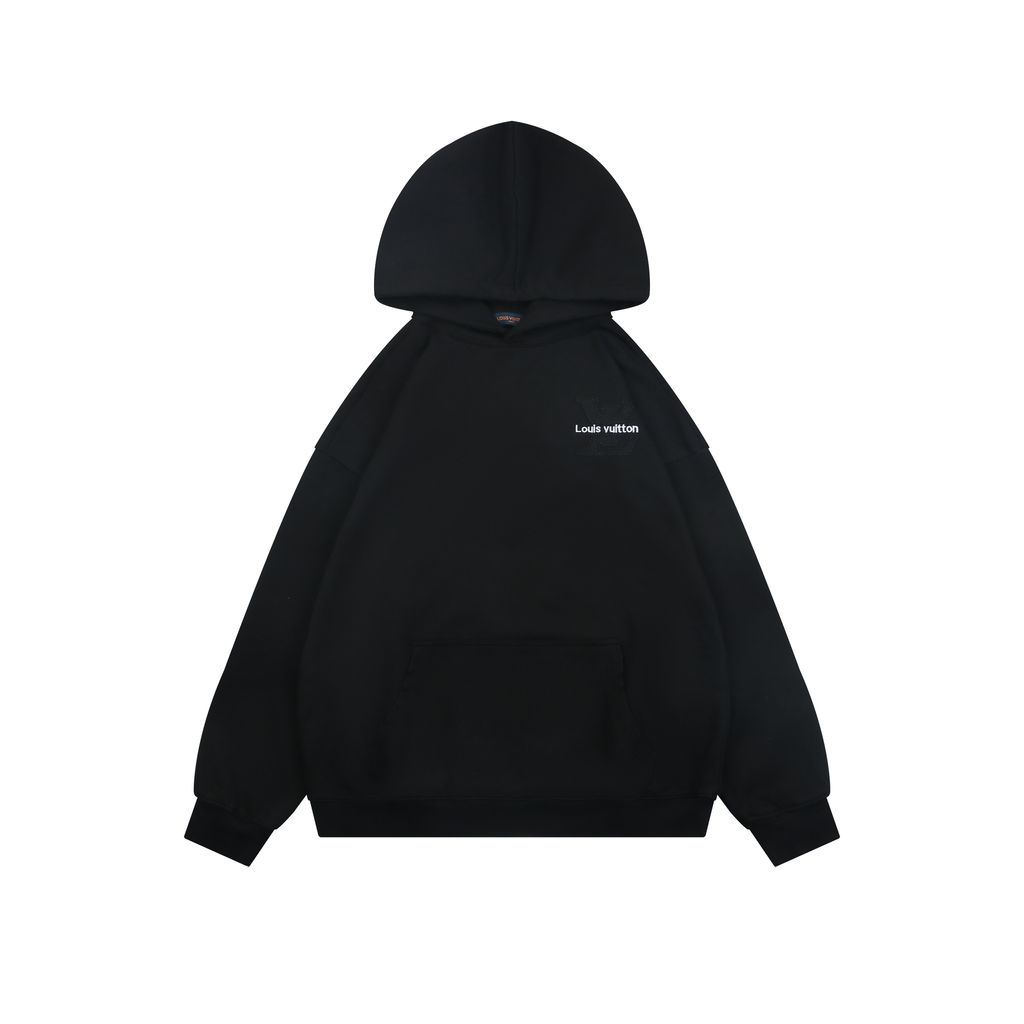 Louis Vuitton small logo Monogram letter embroidered hoodie black 400g combed cotton custom dyed heavyweight relaxed pullover sweatshirt sizes S-XL