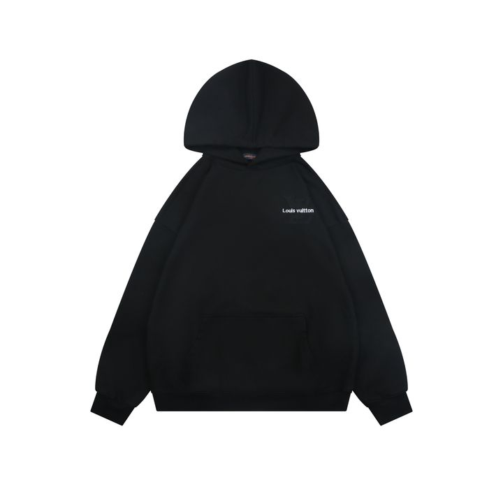Louis Vuitton small logo Monogram letter embroidered hoodie black 400g combed cotton custom dyed heavyweight relaxed pullover sweatshirt sizes S-XL