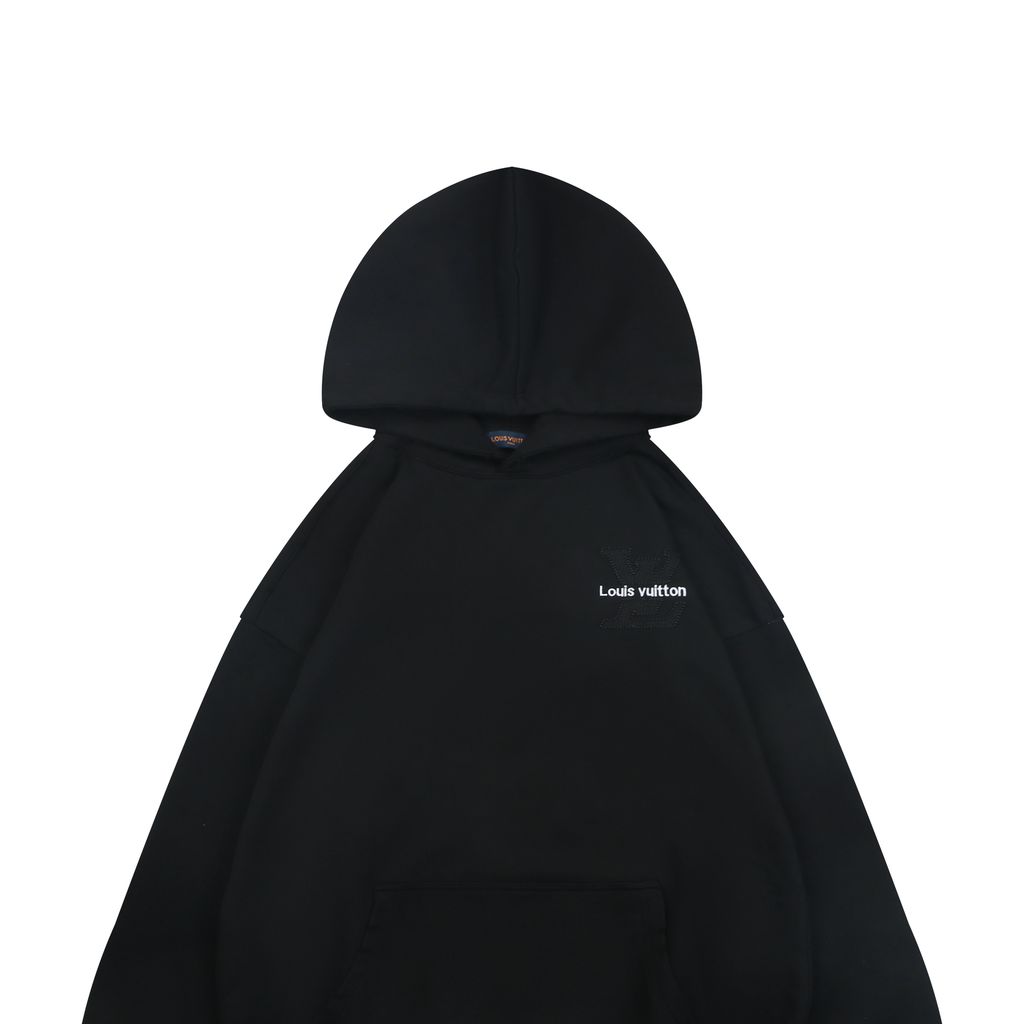 Louis Vuitton small logo Monogram letter embroidered hoodie black 400g combed cotton custom dyed heavyweight relaxed pullover sweatshirt sizes S-XL