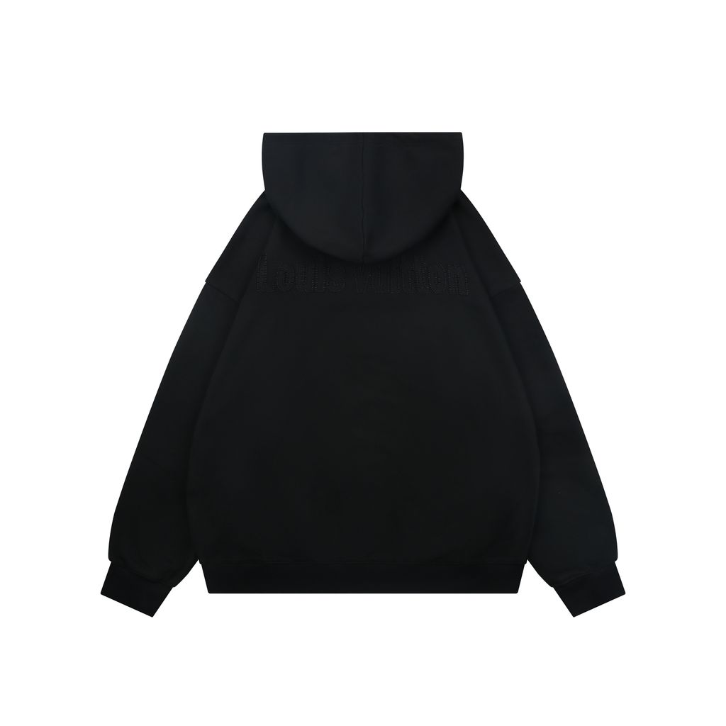 Louis Vuitton small logo Monogram letter embroidered hoodie black 400g combed cotton custom dyed heavyweight relaxed pullover sweatshirt sizes S-XL