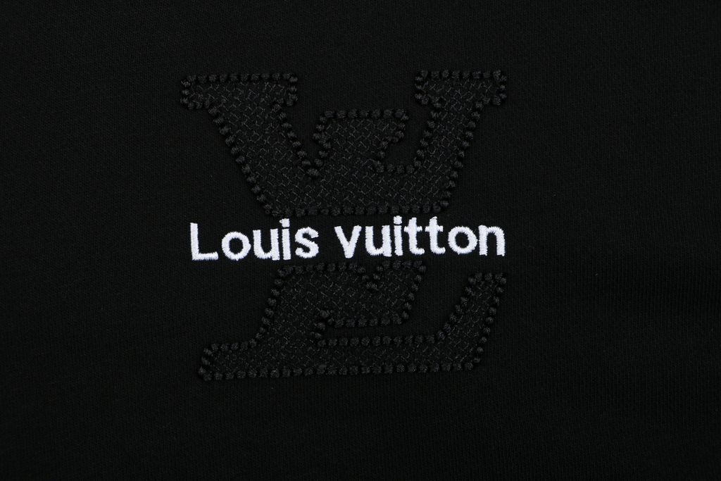 Louis Vuitton small logo Monogram letter embroidered hoodie black 400g combed cotton custom dyed heavyweight relaxed pullover sweatshirt sizes S-XL