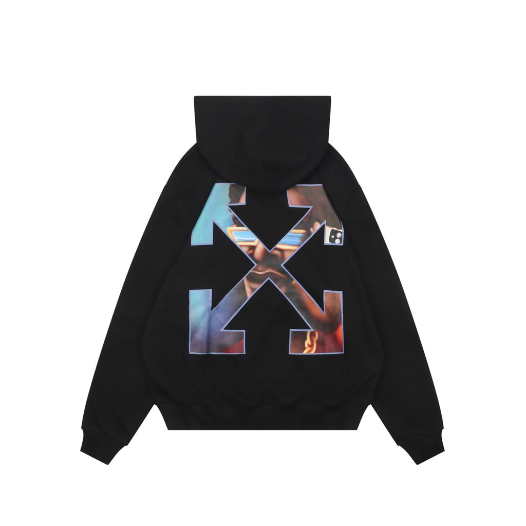 Off White portrait overlay Arrow print hoodie 400g cotton loopback fabric Mimaki graphic custom dyed ribbing pre shrunk pullover sizes XS-L