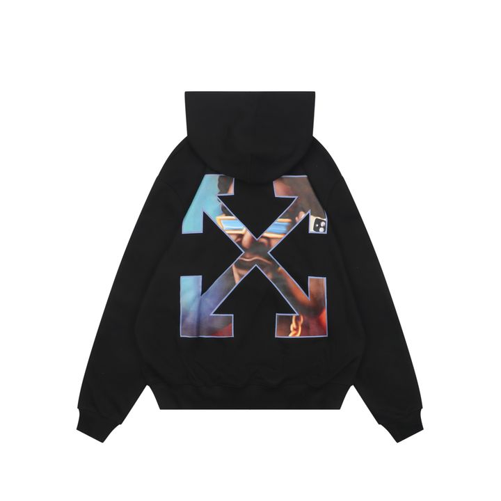 Off White portrait overlay Arrow print hoodie 400g cotton loopback fabric Mimaki graphic custom dyed ribbing pre shrunk pullover sizes XS-L