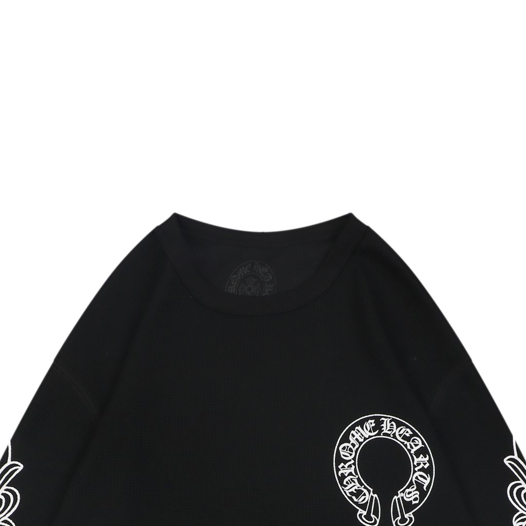 Chrome Hearts waffle cross sleeve tattoo Sanskrit scroll print long sleeve T-shirt 180g cotton brushed waffle relaxed unisex graphic tee sizes S-L
