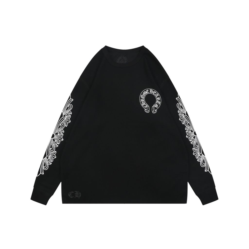 Chrome Hearts waffle cross sleeve tattoo Sanskrit scroll print long sleeve T-shirt 180g cotton brushed waffle relaxed unisex graphic tee sizes S-L