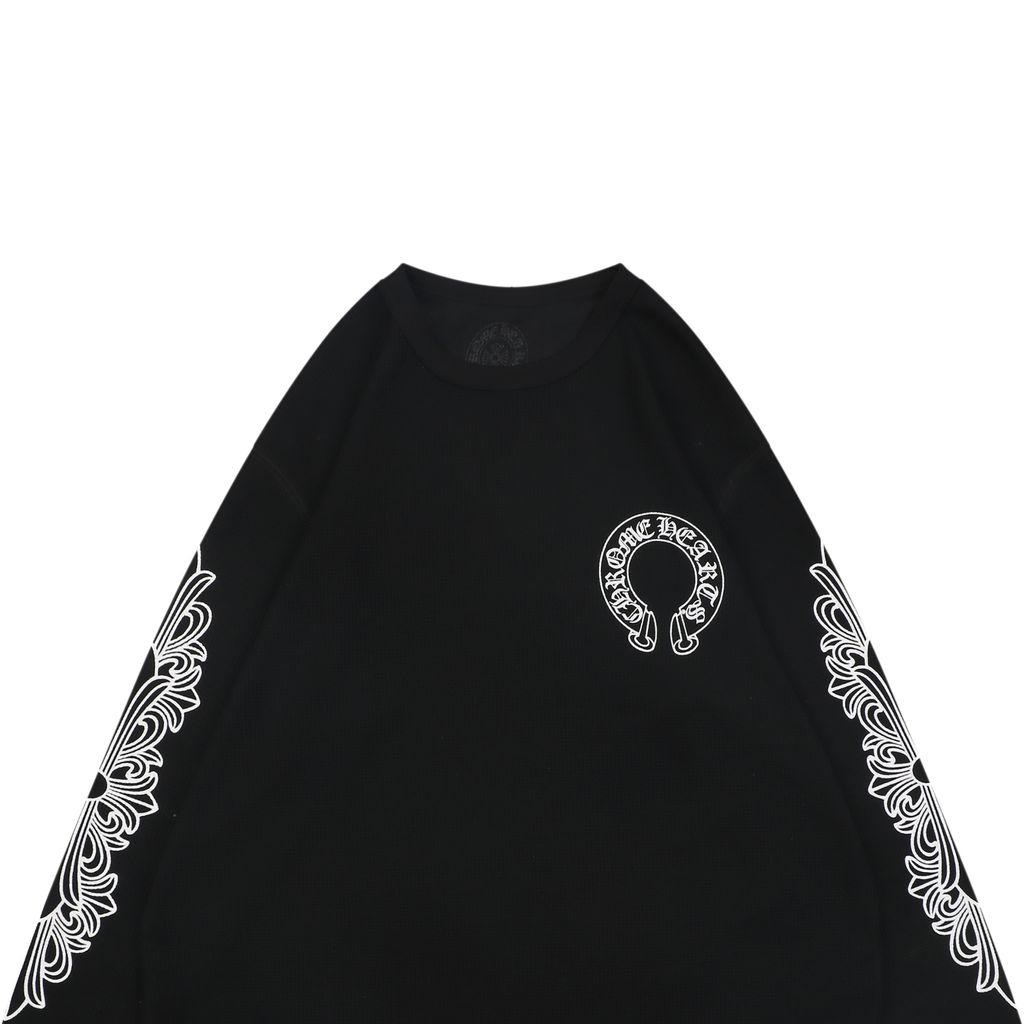 Chrome Hearts waffle cross sleeve tattoo Sanskrit scroll print long sleeve T-shirt 180g cotton brushed waffle relaxed unisex graphic tee sizes S-L