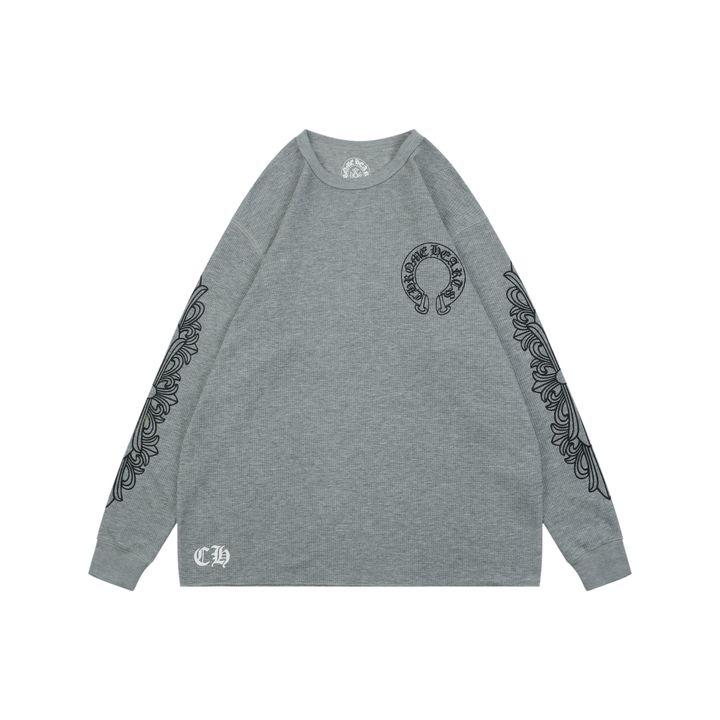 Chrome Hearts waffle cross sleeve tattoo Sanskrit scroll print long sleeve T-shirt grey 180g cotton brushed waffle relaxed unisex graphic tee sizes S-L