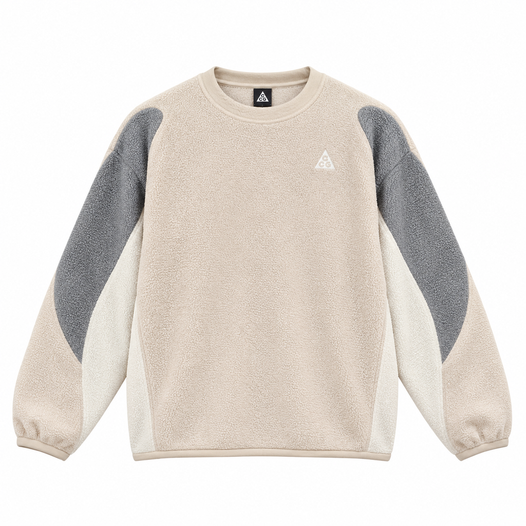 Nike ACG Polartec Air Fleece crew neck long sleeve beige lightweight breathable quick drying contrast panel outdoor performance top sizes S-XL