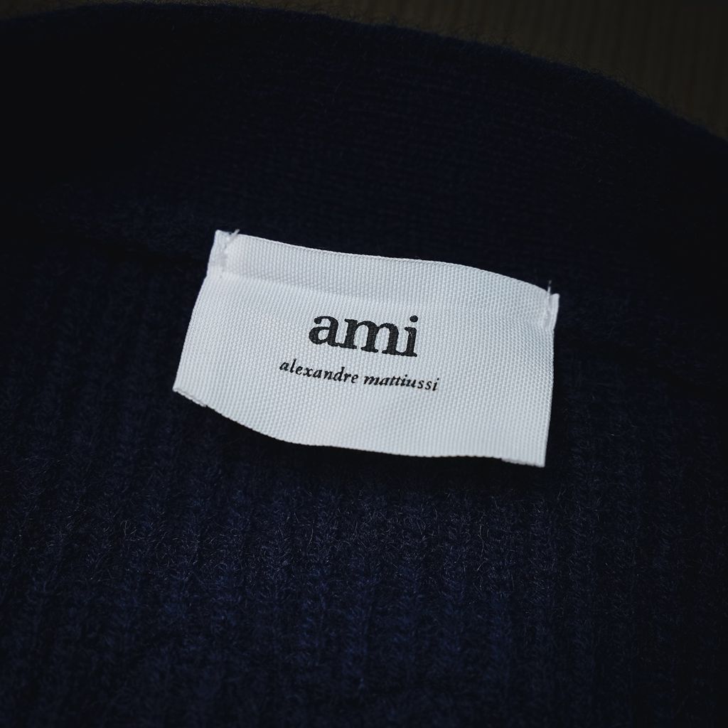 AMI Paris 2025 Fall Winter ADC stripe heart logo knit cardigan Royal Blue 800g heavyweight oversized unisex sweater jacket sizes S-XL