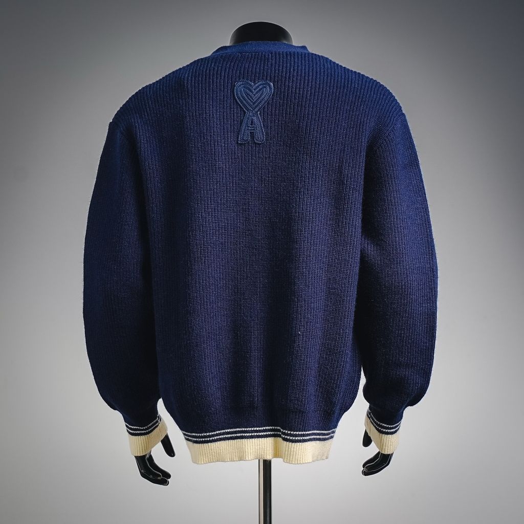 AMI Paris 2025 Fall Winter ADC stripe heart logo knit cardigan Royal Blue 800g heavyweight oversized unisex sweater jacket sizes S-XL