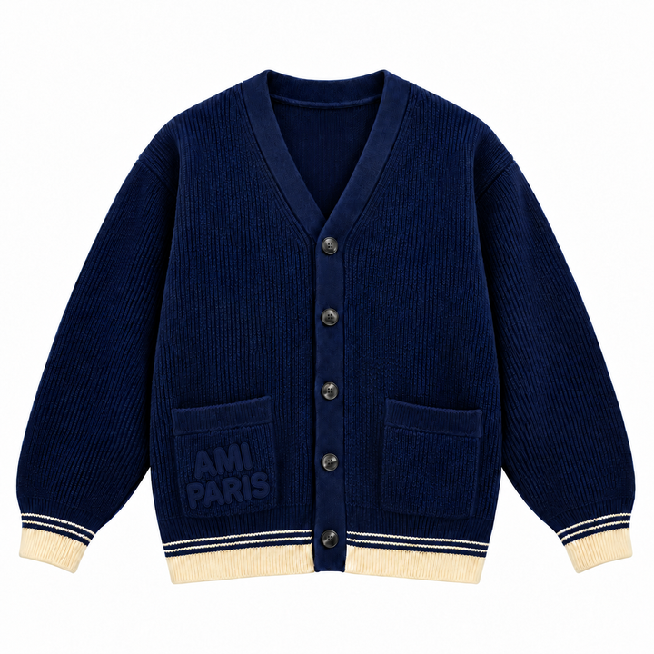 AMI Paris 2025 Fall Winter ADC stripe heart logo knit cardigan Royal Blue 800g heavyweight oversized unisex sweater jacket sizes S-XL