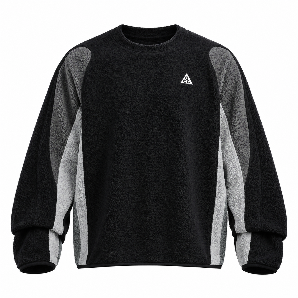 Nike ACG Polartec Air Fleece crew neck long sleeve black lightweight breathable quick drying contrast panel outdoor performance top sizes S-XL