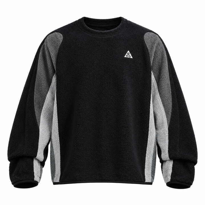 Nike ACG Polartec Air Fleece crew neck long sleeve black lightweight breathable quick drying contrast panel outdoor performance top sizes S-XL