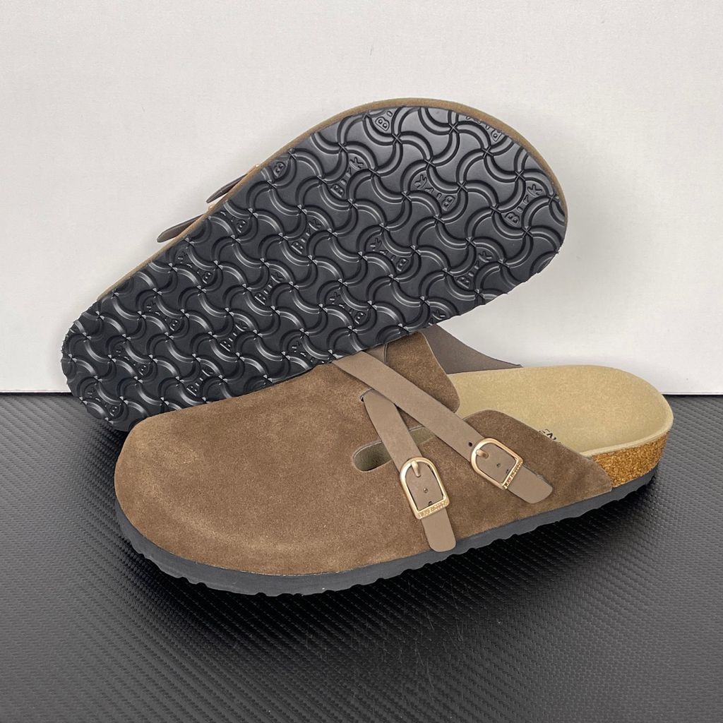Birkenstock Blair 1032885 Carafe Brown Suede Clogs with Crossed Buckle Straps and Soft Cork Footbed