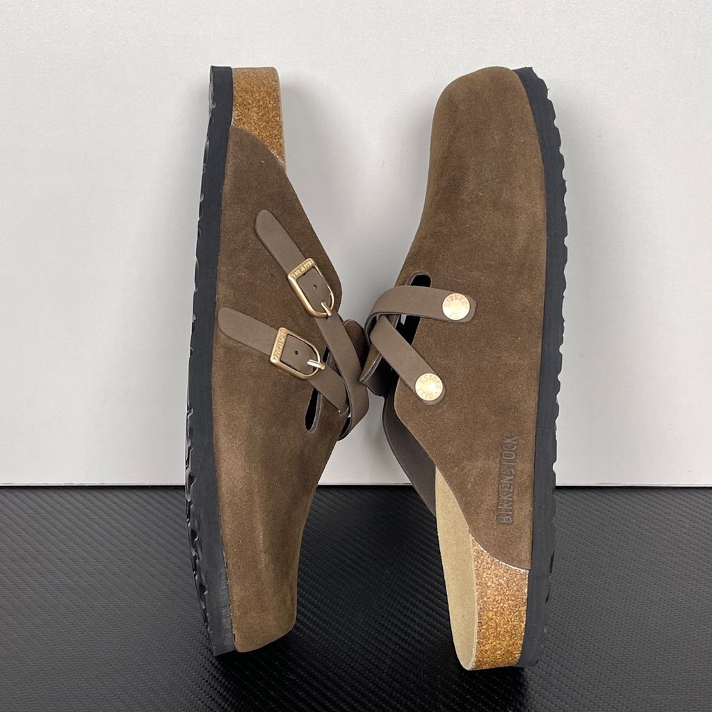 Birkenstock Blair 1032885 Carafe Brown Suede Clogs with Crossed Buckle Straps and Soft Cork Footbed